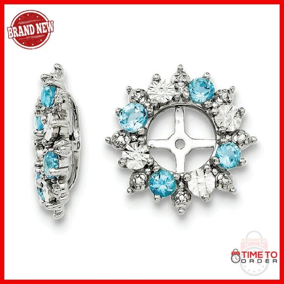 14mm Sterling Silver Swiss Blue Topaz & Black Sapphire  Sterling Silver Earring Jacket with Swiss Blue Topaz, 15mm